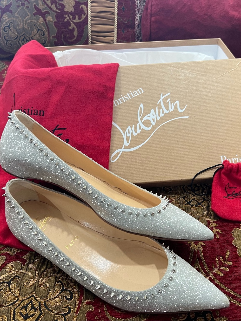Christian Louboutin Silver Glitter Pointed Flats with Stud Trim